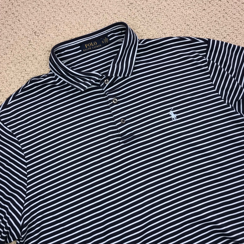 Polo Ralph Lauren Mens XL Navy Blue White Striped Cotton Short Sleeve Polo Shirt